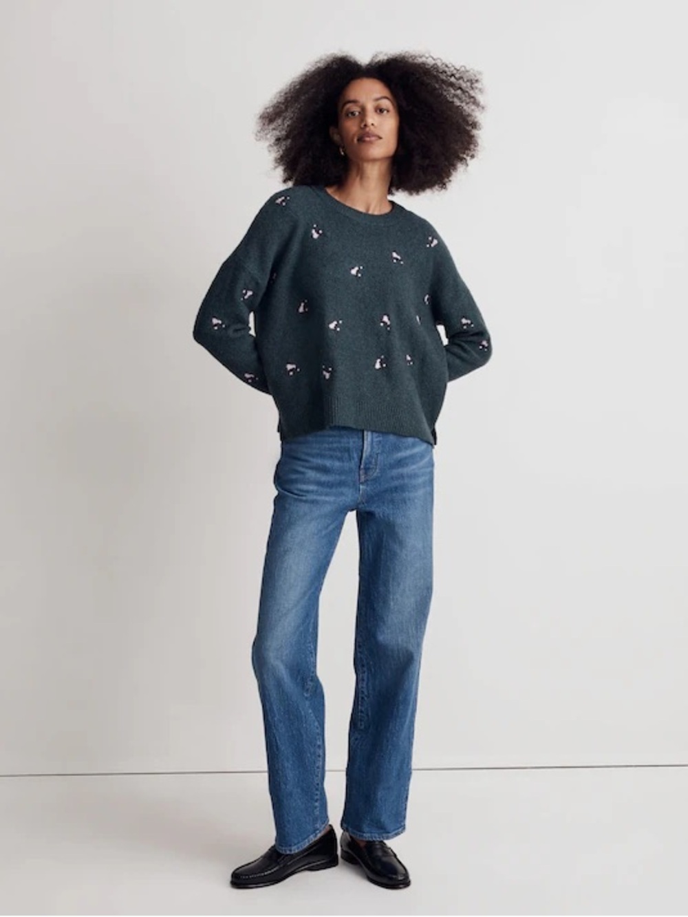 Madewell Embroidered Cross-Stitch Floral Pullover Sweater in Hunter Green - M